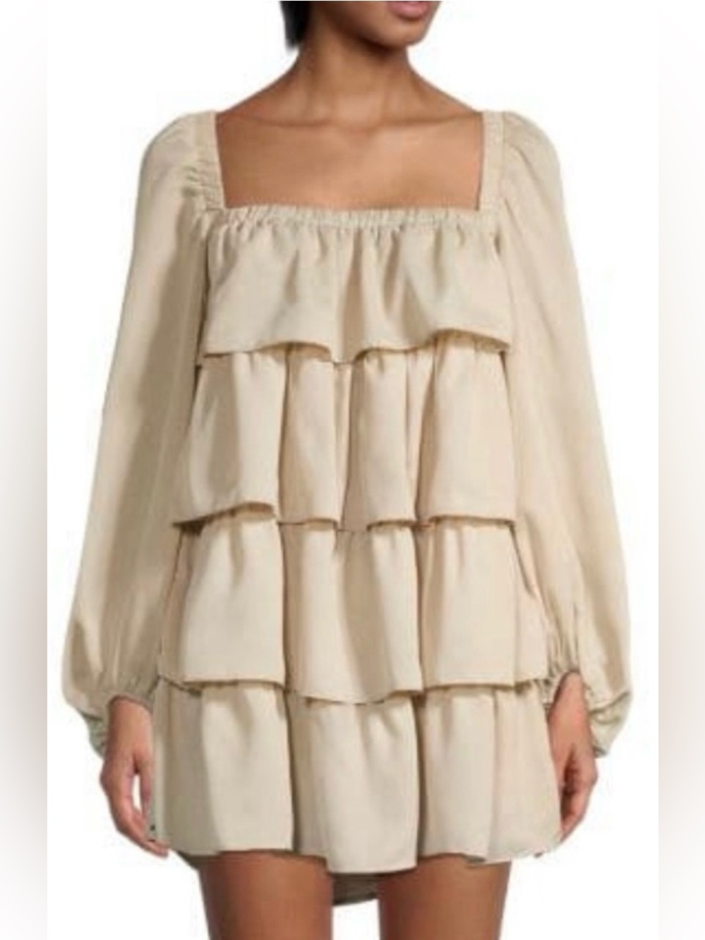 WEWOREWHAT Tiered Ruffle Mini Dress XL Beige Puff Sleeve Cottagecore Boho